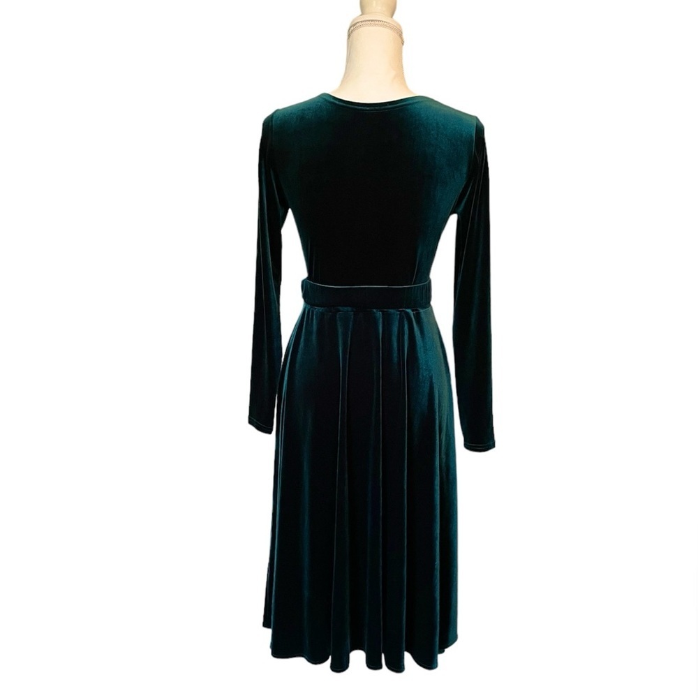 Enme Emerald Green Stretch Velvet Fit and Flare Long Sleeve Dress Women’s Small - Picture 9 of 14